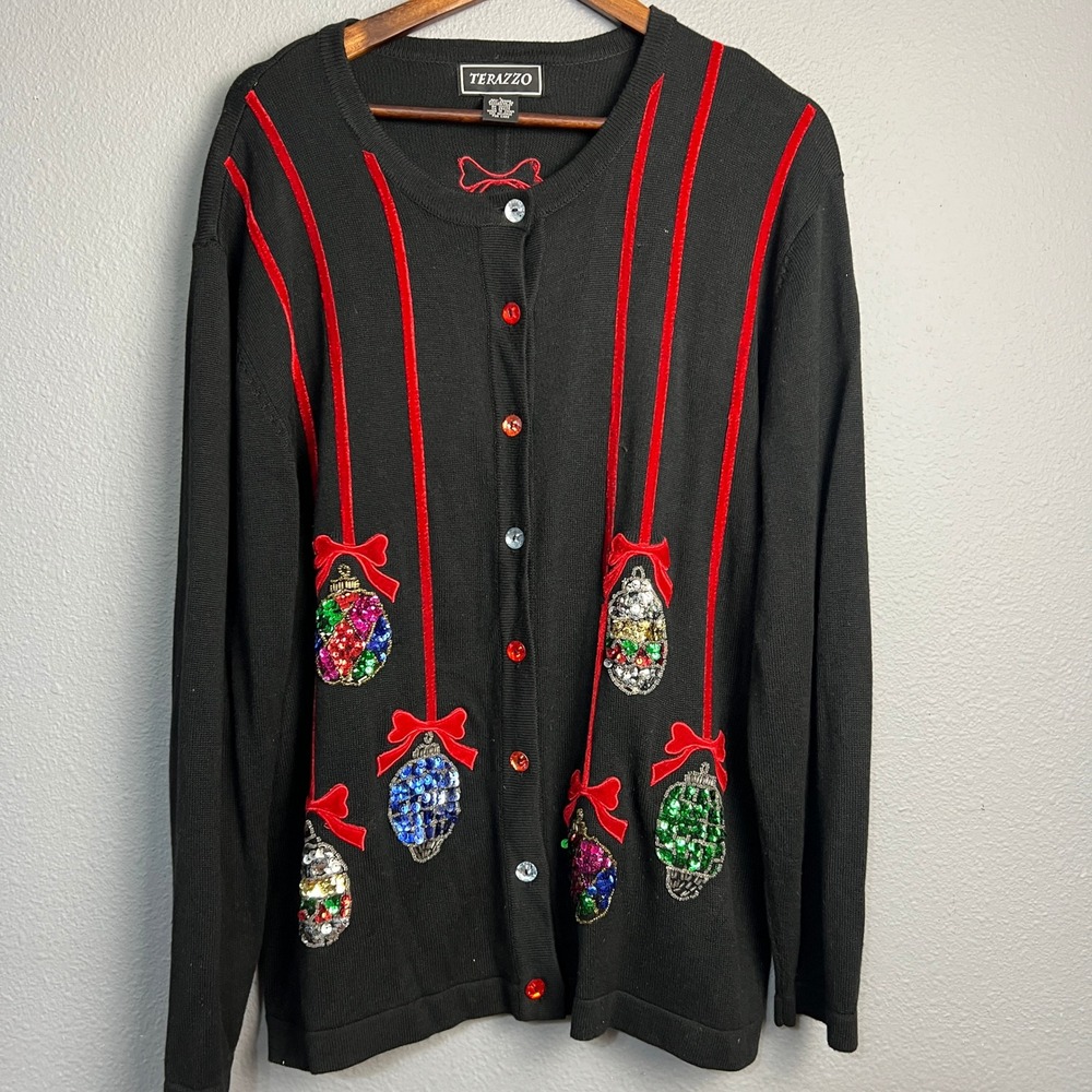 Vtg Terazzo Christmas Cardigan Sweater Black‎ Holiday Ornament Sequin Bows Sz L